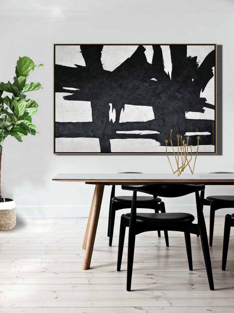 Modern Wall Art,Hand Painted Oversized Horizontal Minimal Art On Canvas, Black And White Minimalist Painting - Abstract Painting On Canvas